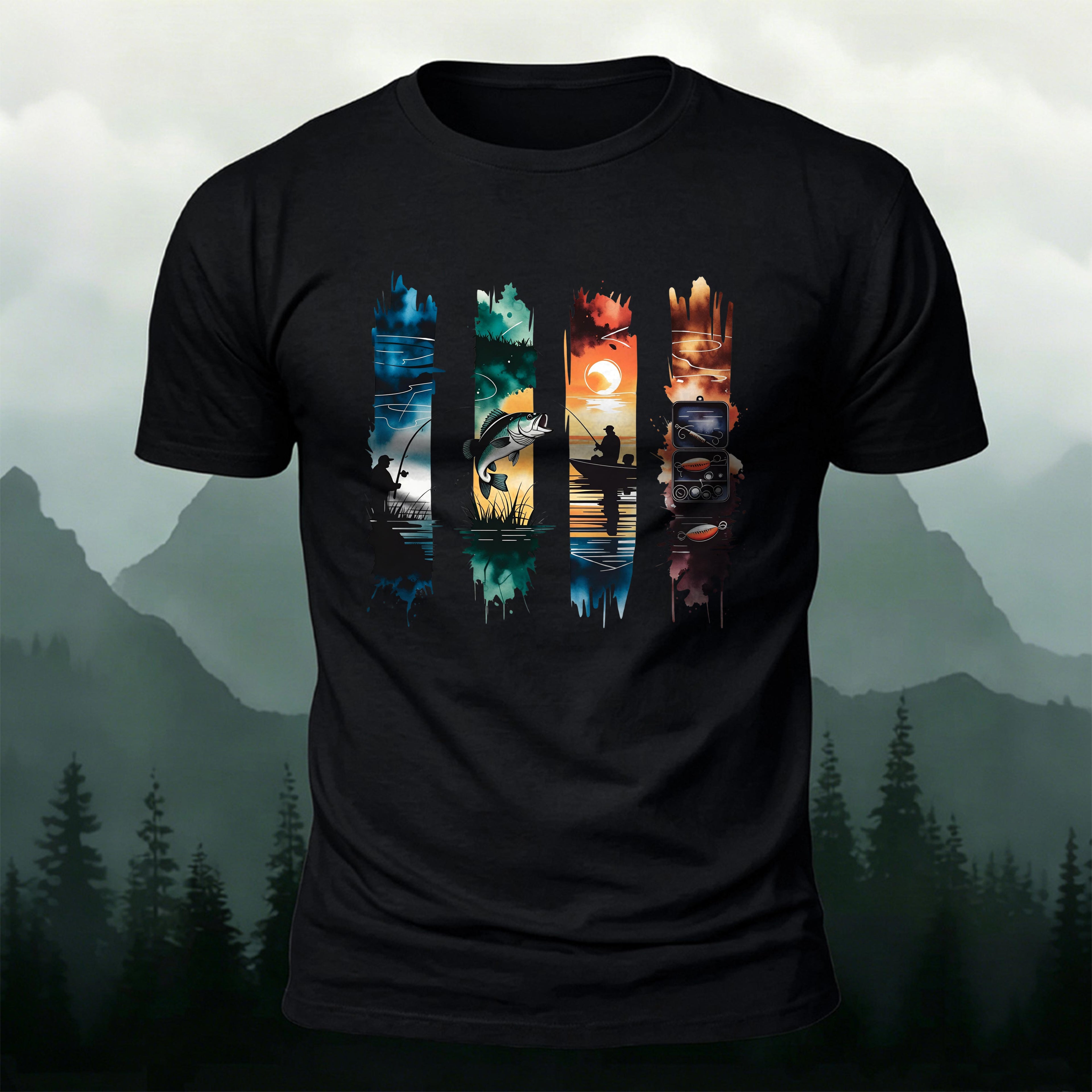 Outdoor Fishing Print Natural Style Skin-Friendly T-Shirt Black