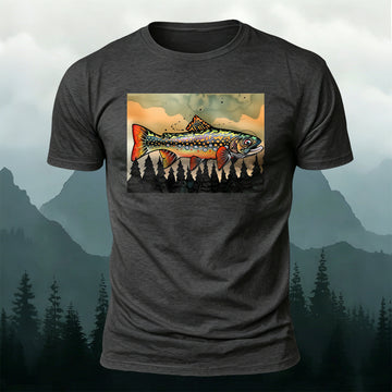 Oil Painting Fish Print Vintage Premium Cotton T-Shirt