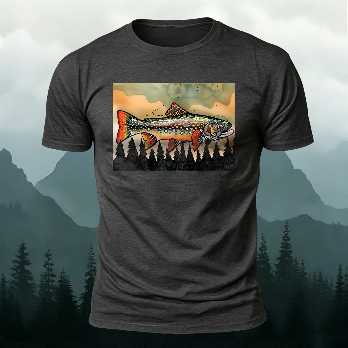 Oil Painting Fish Print Vintage Premium Cotton T-Shirt