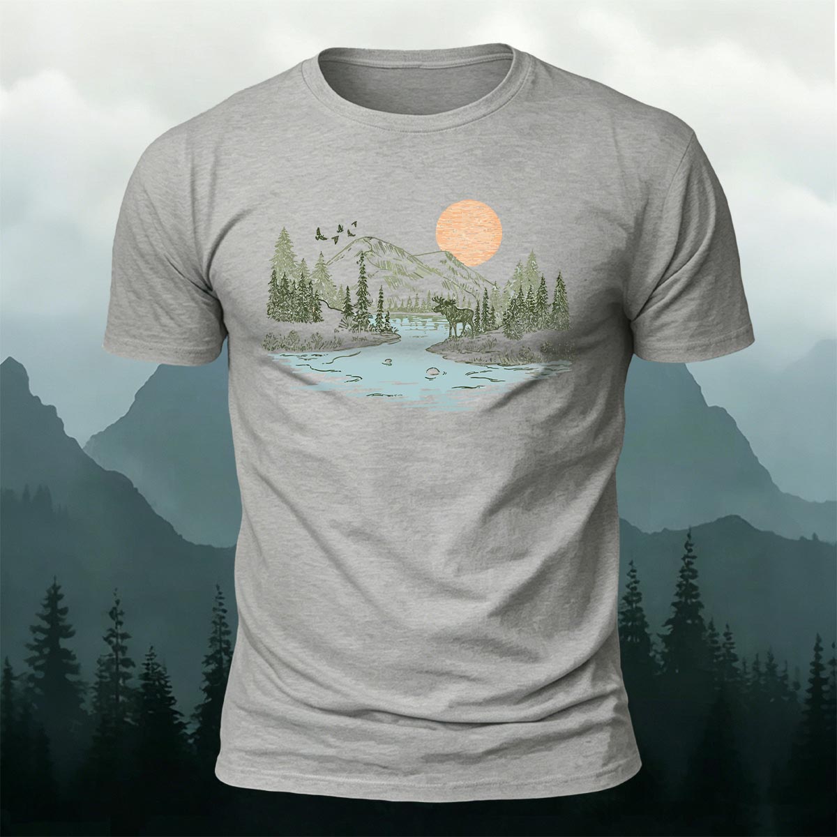 Sunrise Mountain Scenery Illustration Print Casual Cotton T-Shirt