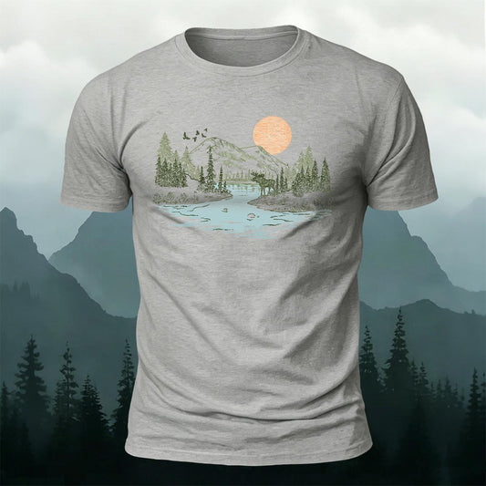 Sunrise Mountain Scenery Illustration Print Casual Cotton T-Shirt