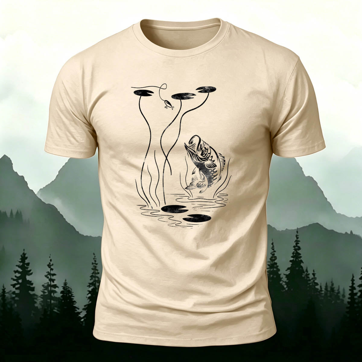 Fishing Print Natural Casual 100% Cotton T-Shirt