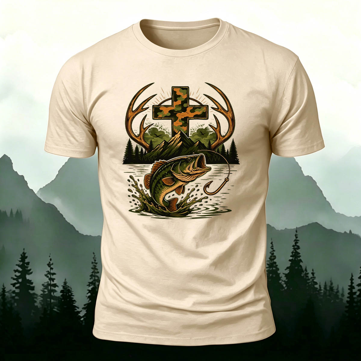 Fishing Cross Graphic Casual 100% Cotton T-Shirt