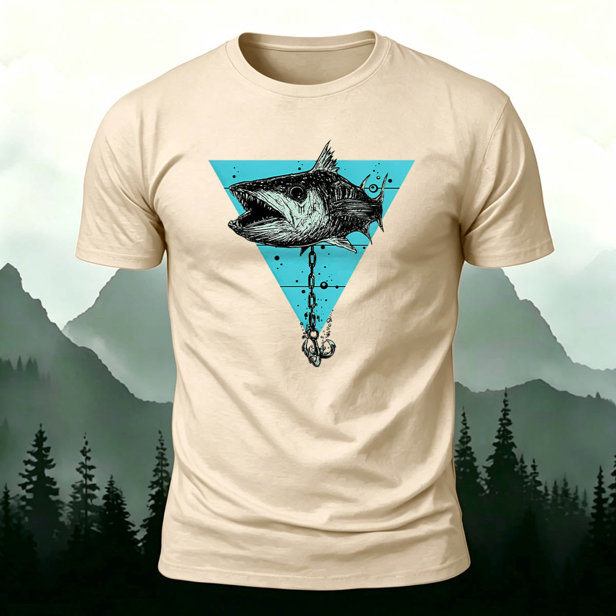 Vintage Fishing Chain Print 100% Cotton T-Shirt