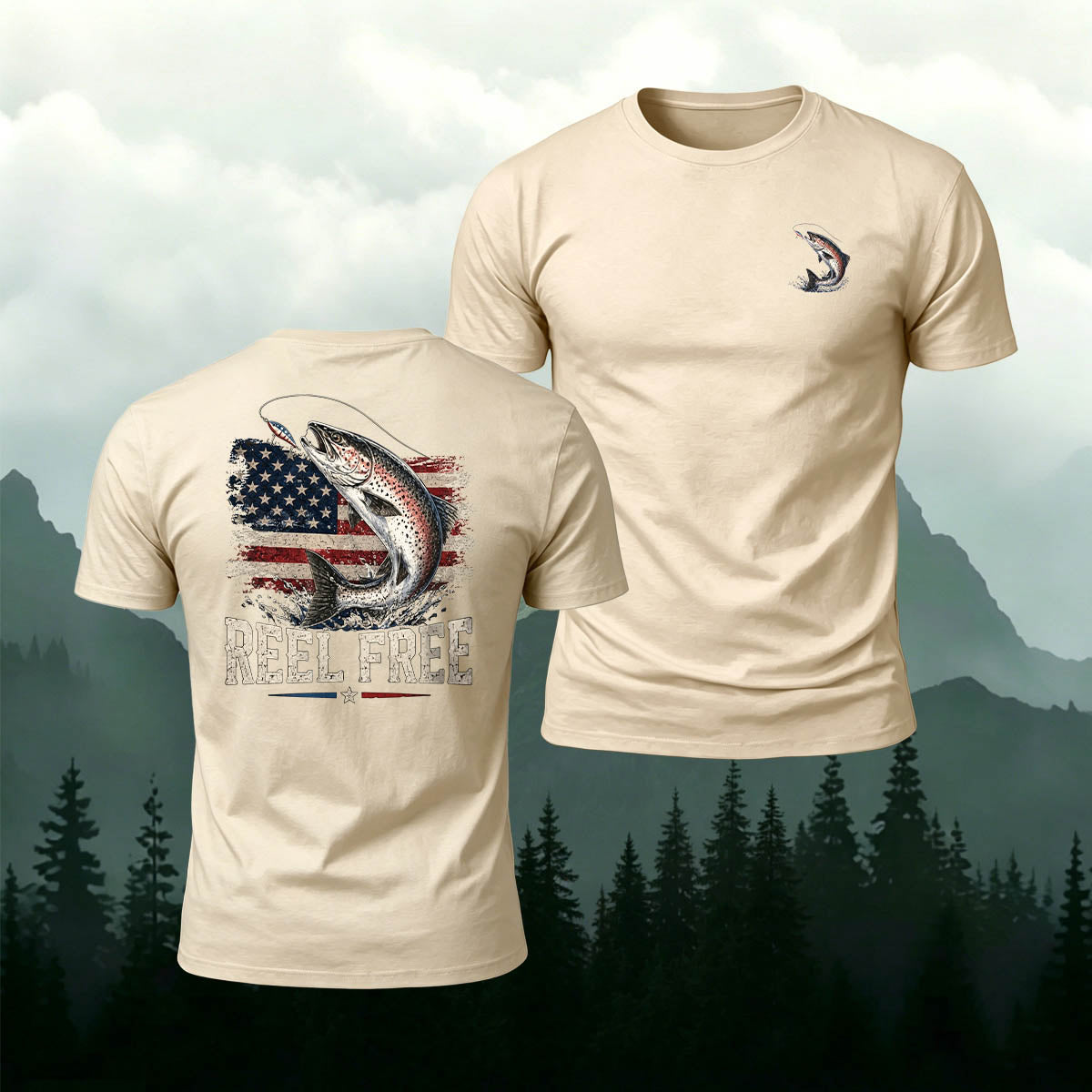 American Retro Trout Print 100% Cotton T-Shirt