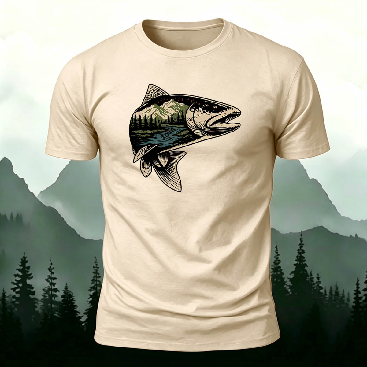 Trout Scenic Pattern Simple Casual Cotton T-Shirt