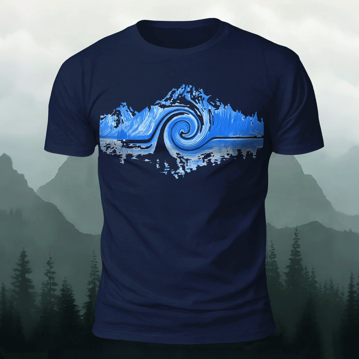 Abstract Landscape Print Premium Cotton Casual T-Shirt Navy