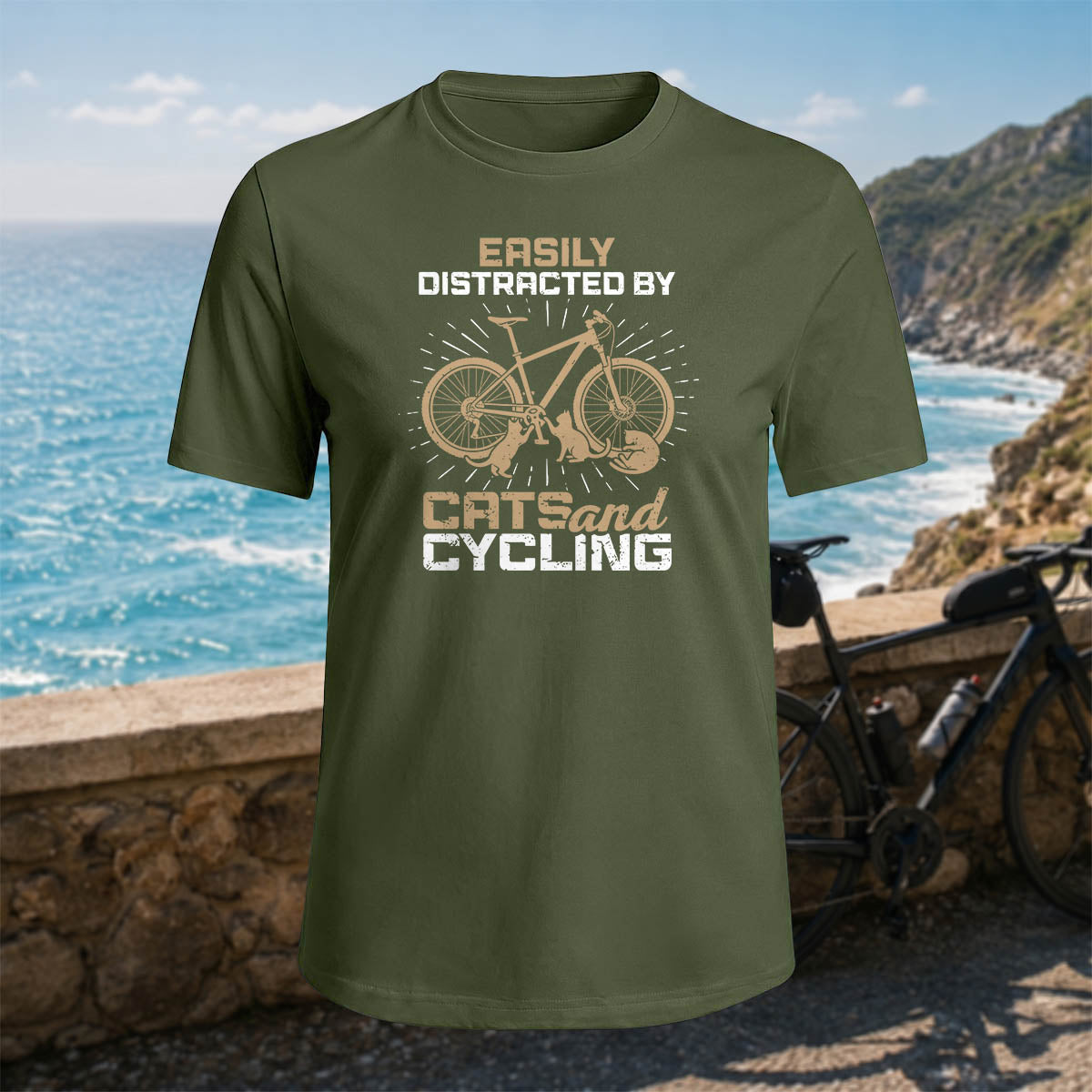 100% Cotton Cat and Bicycle Print Casual Outdoor T-Shirt
