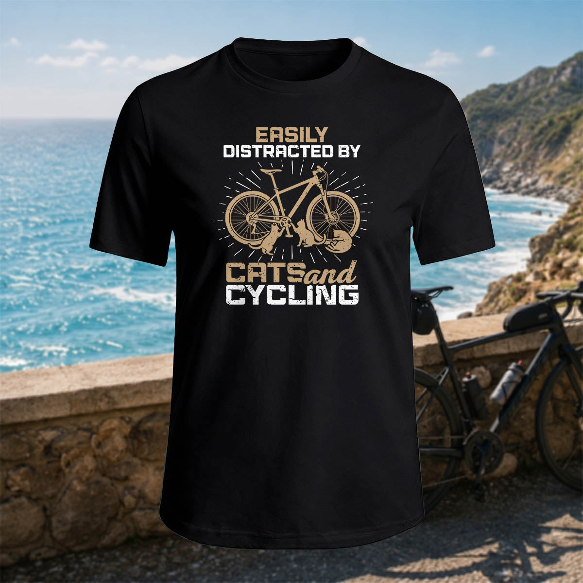 100% Cotton Cat and Bicycle Print Casual Outdoor T-Shirt