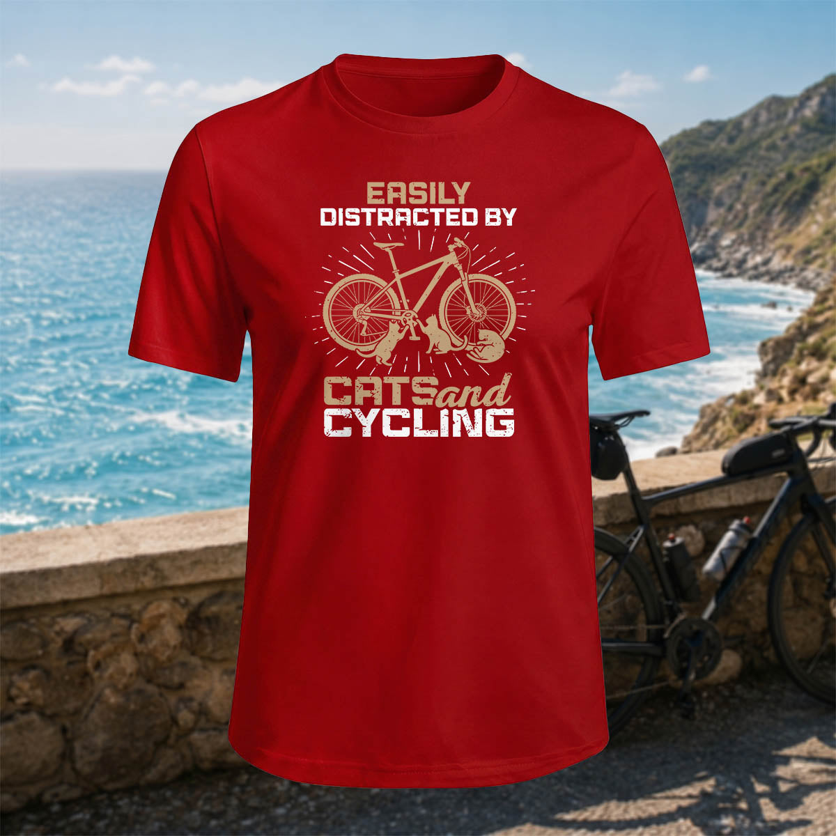 100% Cotton Cat and Bicycle Print Casual Outdoor T-Shirt