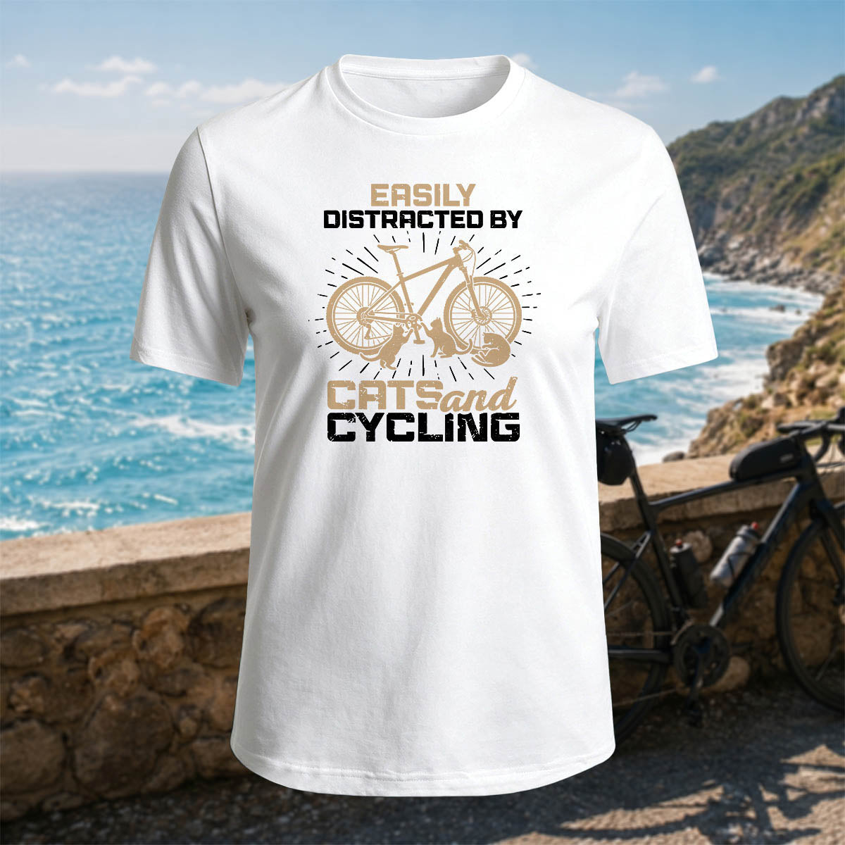100% Cotton Cat and Bicycle Print Casual Outdoor T-Shirt