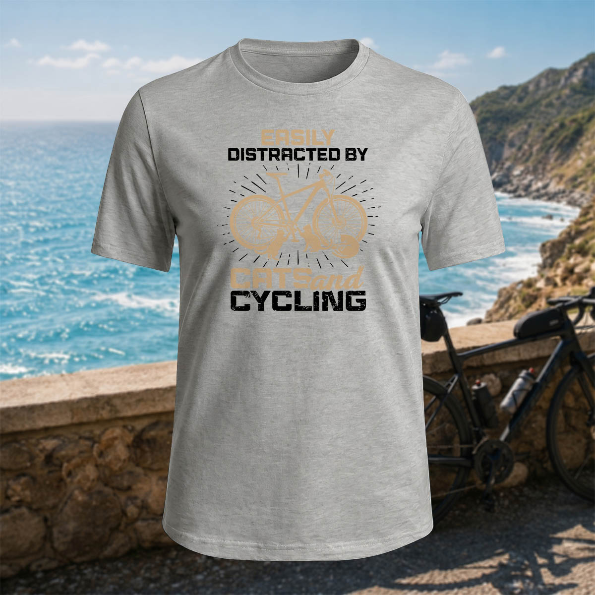 100% Cotton Cat and Bicycle Print Casual Outdoor T-Shirt
