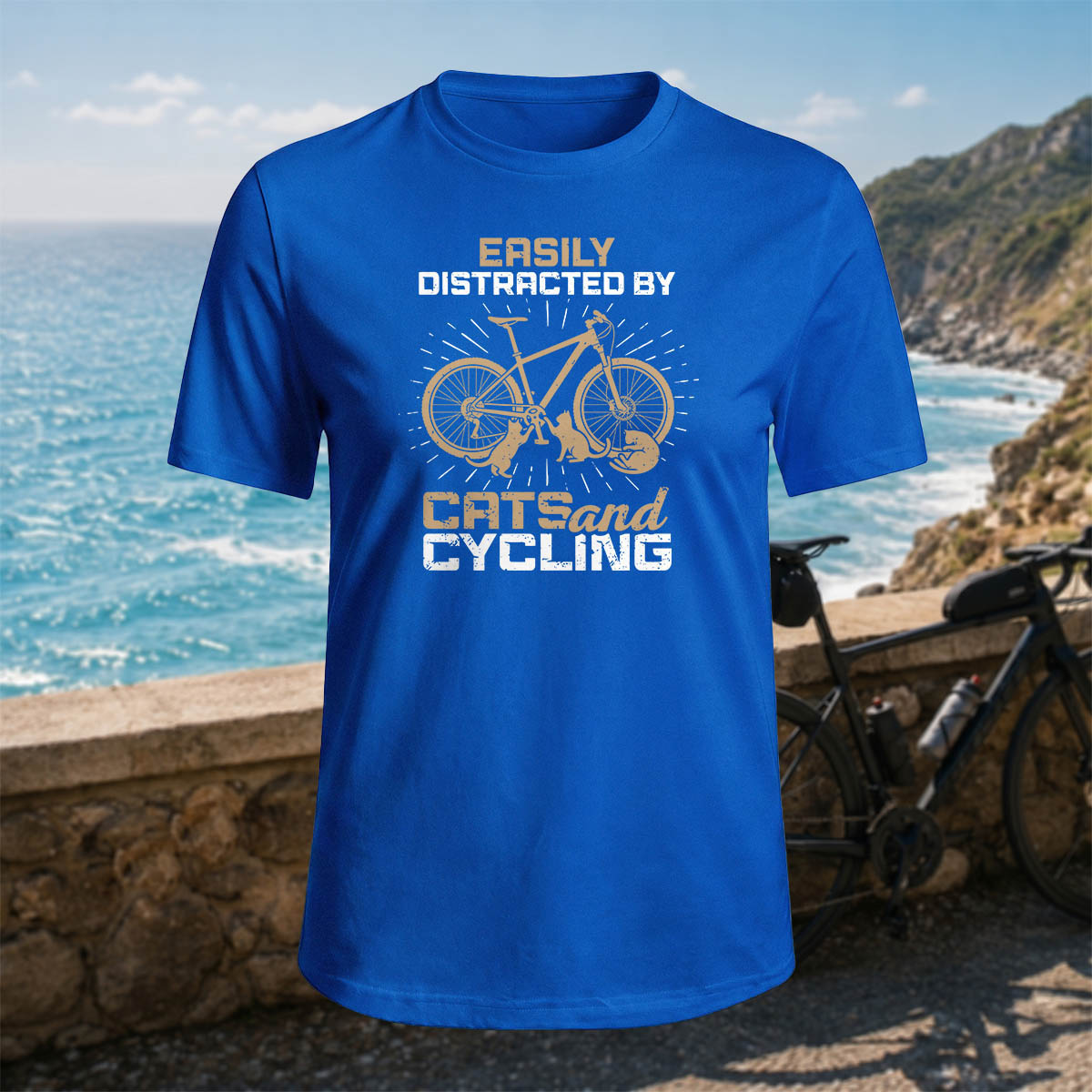 100% Cotton Cat and Bicycle Print Casual Outdoor T-Shirt
