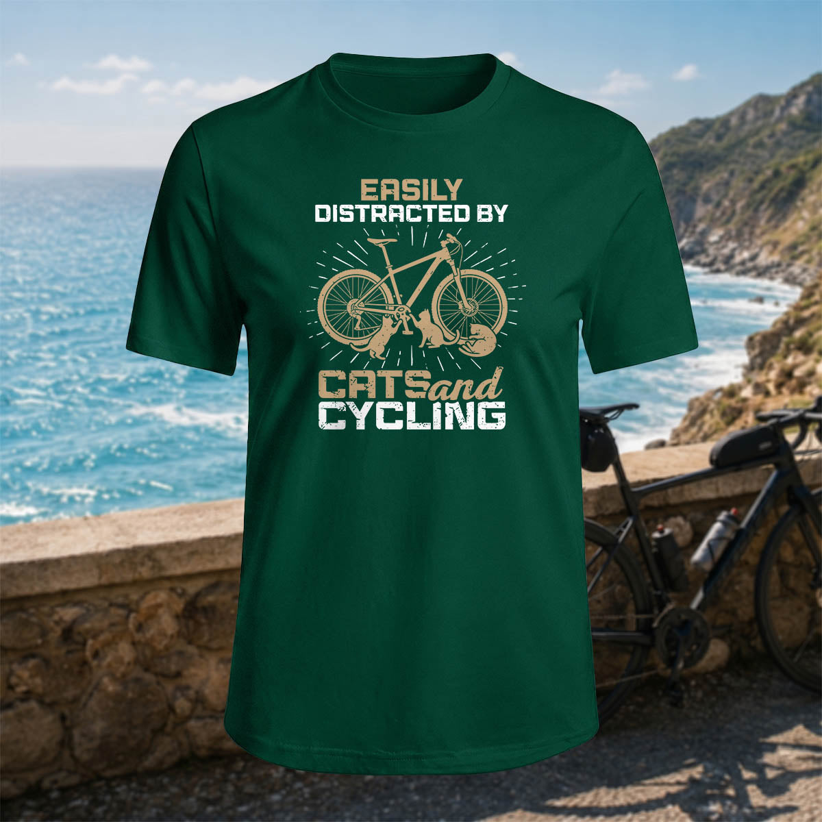 100% Cotton Cat and Bicycle Print Casual Outdoor T-Shirt