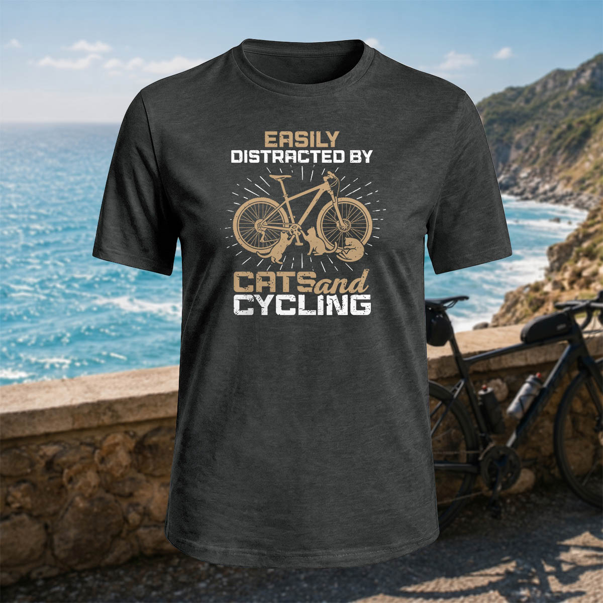100% Cotton Cat and Bicycle Print Casual Outdoor T-Shirt