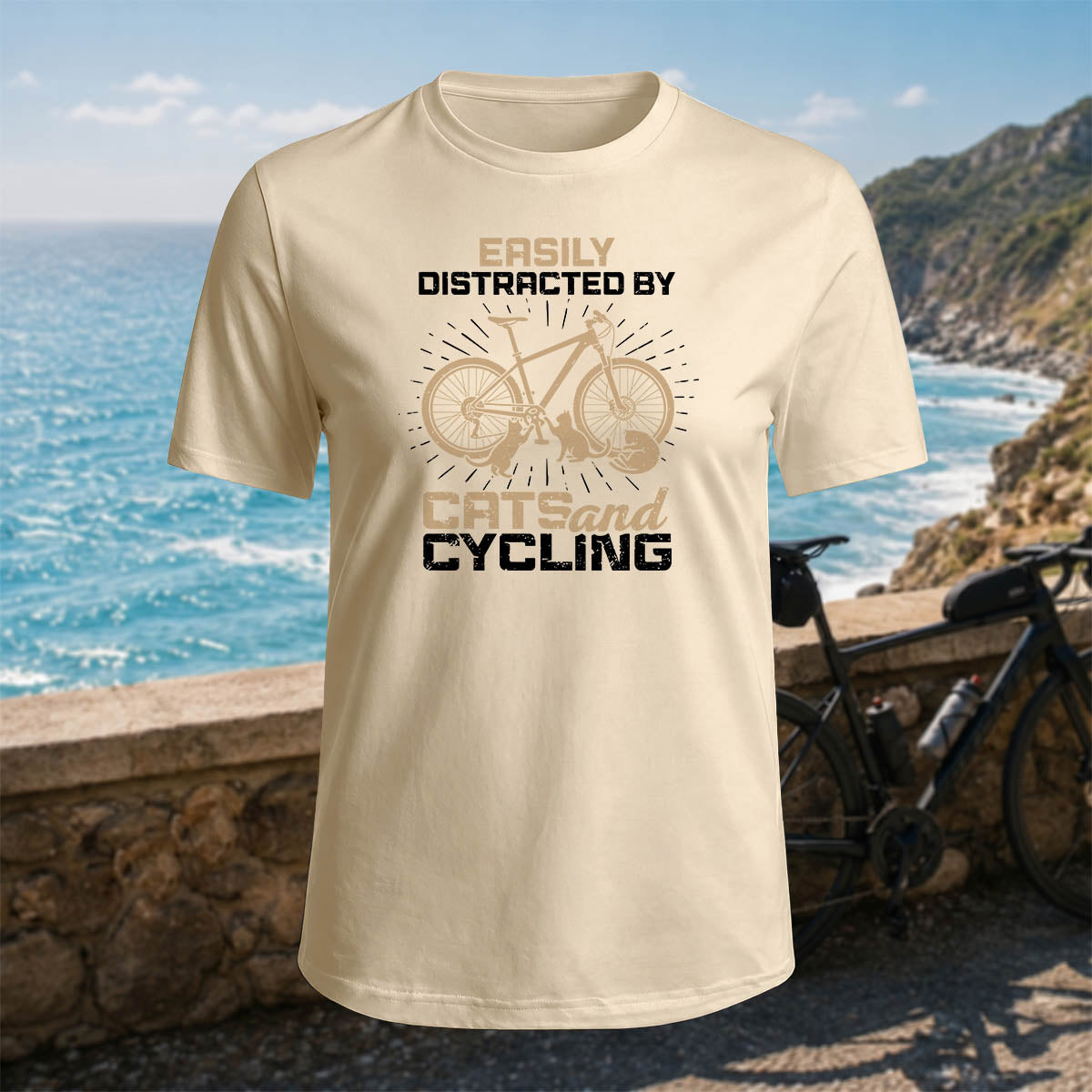 100% Cotton Cat and Bicycle Print Casual Outdoor T-Shirt