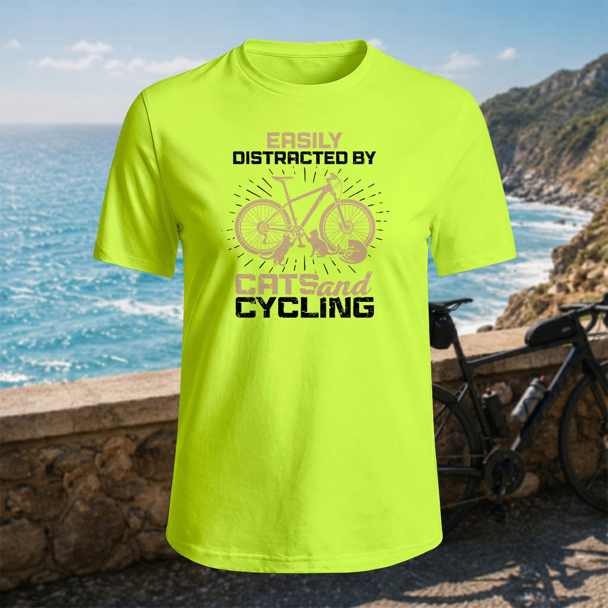100% Cotton Cat and Bicycle Print Casual Outdoor T-Shirt