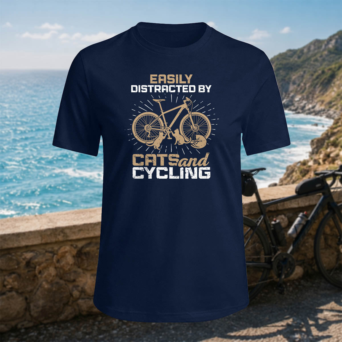 100% Cotton Cat and Bicycle Print Casual Outdoor T-Shirt