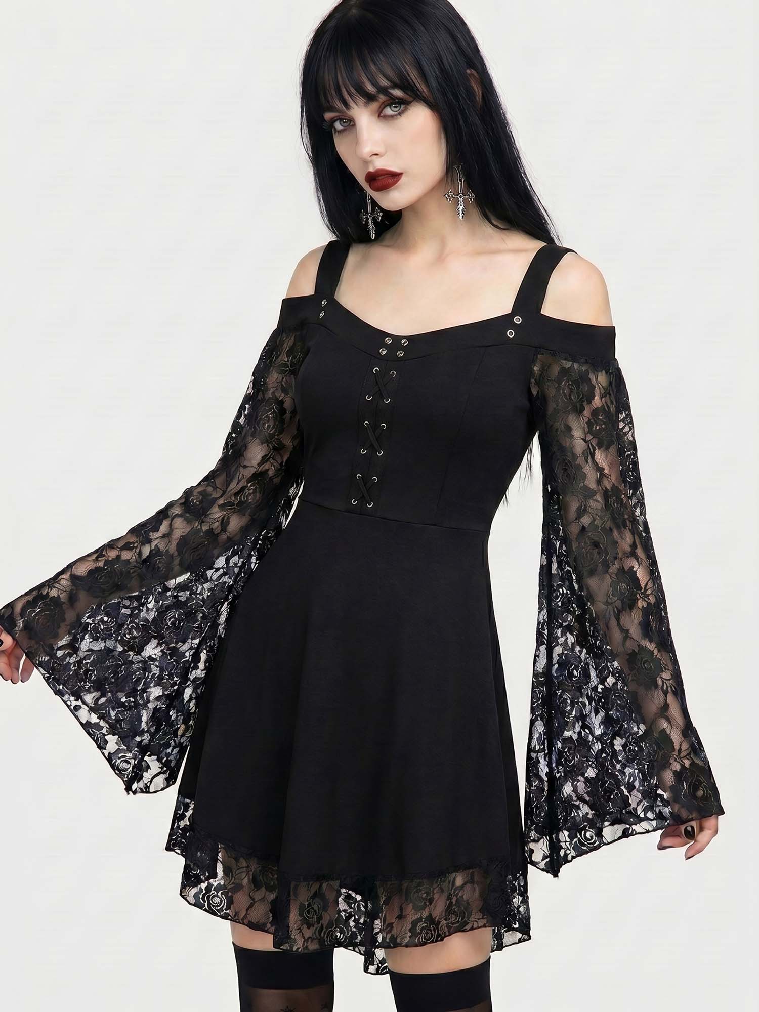 Mock Neck Bell-Sleeve Lace-Paneled Boho-Chic Retro Dress