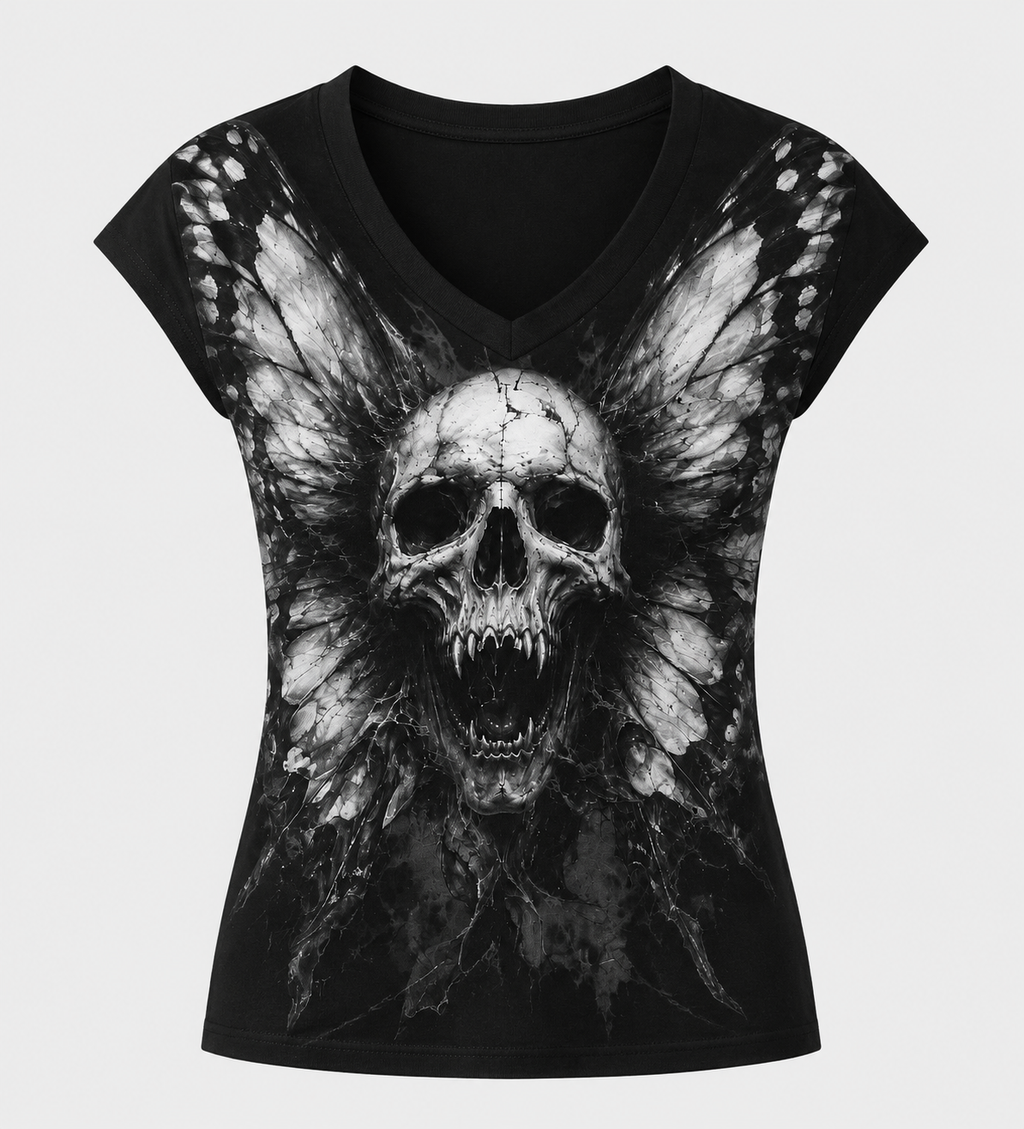 Gothic Skull and Butterfly Print V-Neck T-Shirt
