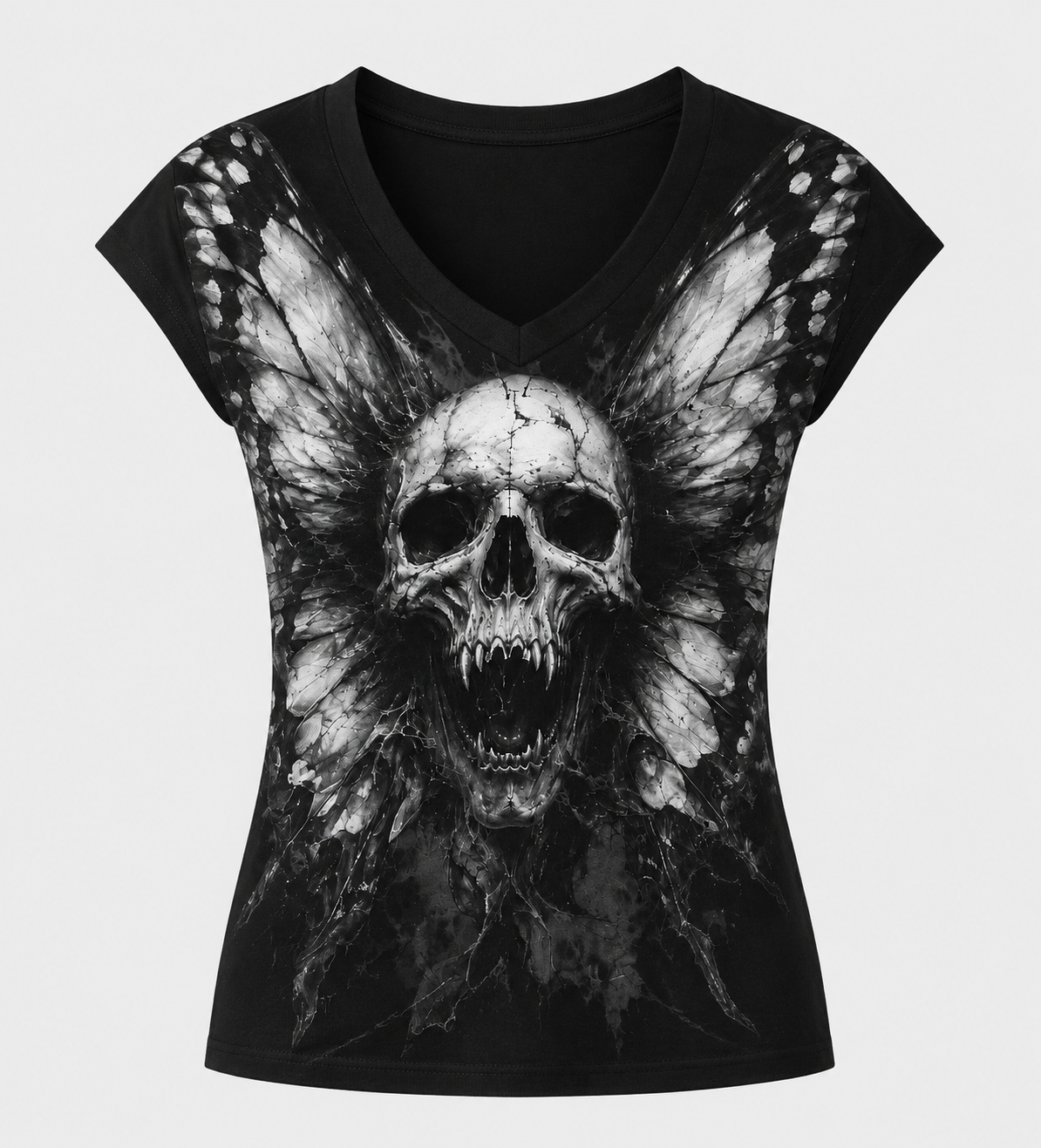 Gothic Skull and Butterfly Print V-Neck T-Shirt