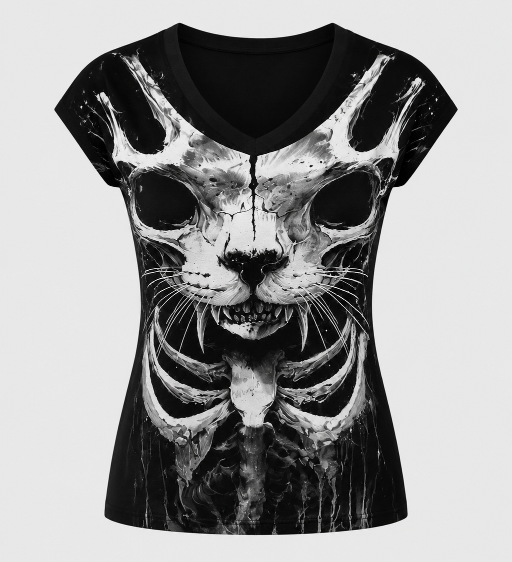 Gothic Skull Evil Cat Print V-Neck T-Shirt