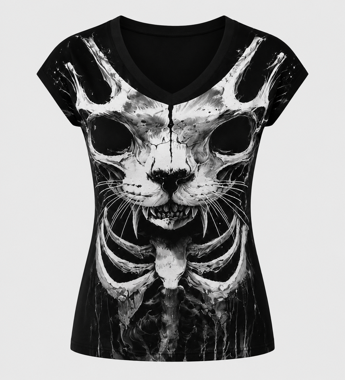 Gothic Skull Evil Cat Print V-Neck T-Shirt