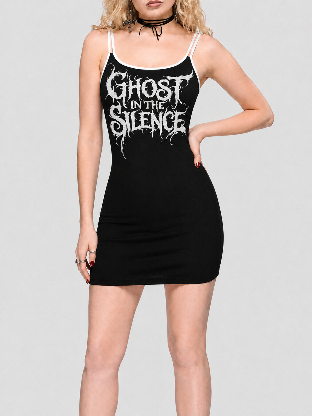 Letter Print Sexy Dark Spaghetti-Strap Dress