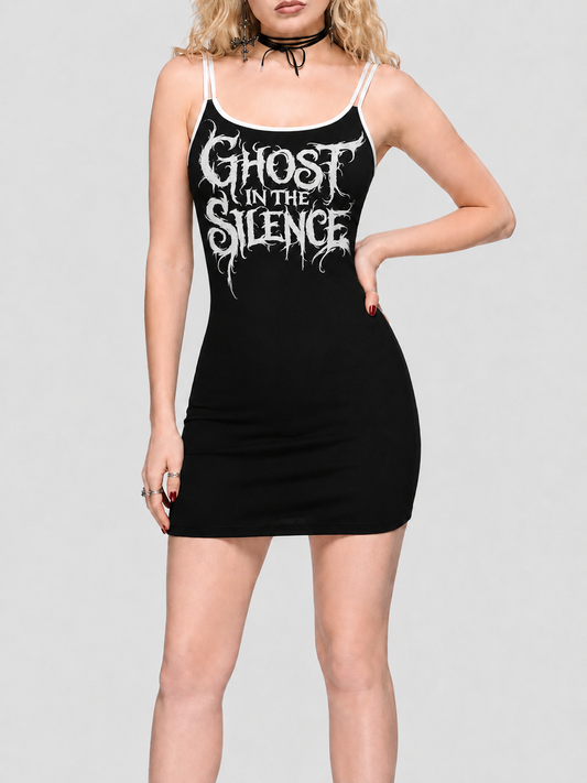 Letter Print Sexy Dark Spaghetti-Strap Dress