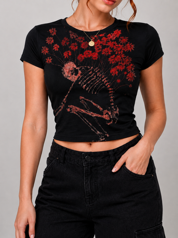 Dark Romantic Skeleton Red Daisy Fitted Cropped Gothic Top