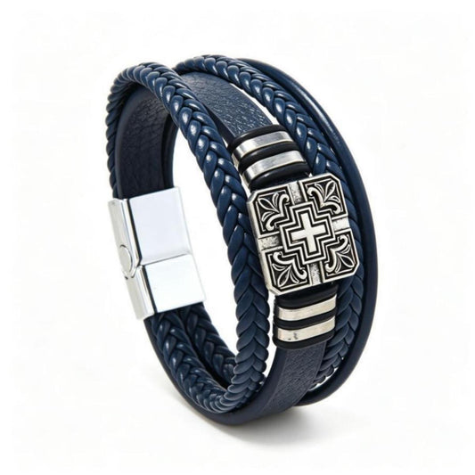 Braided Leather Cross Metal Men Bracelet