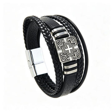 Braided Leather Cross Metal Men Bracelet