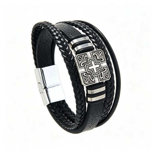 Braided Leather Cross Metal Men Bracelet