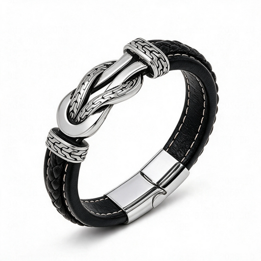 Braided Leather Knot Metal Men Bracelet