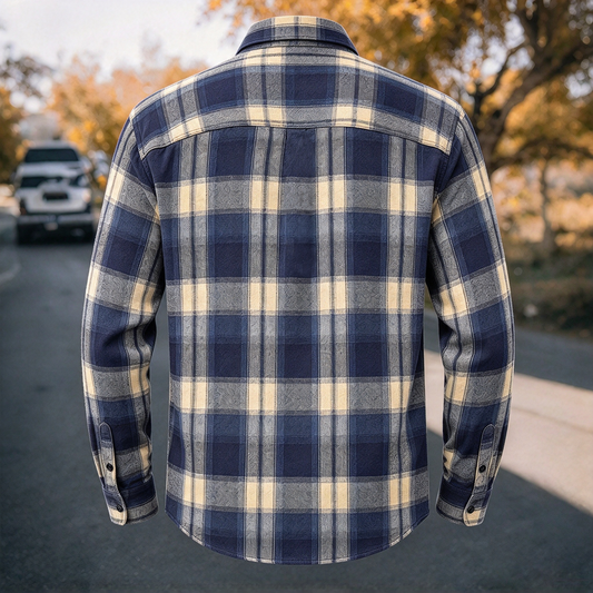 Men's Vintage Navy Blue Plaid Flannel Long Sleeve Shirt