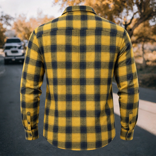 Men's Vintage Yellow & Navy Blue Plaid Flannel Long Sleeve Shirt