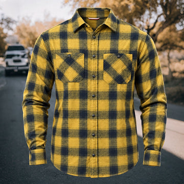 Men's Vintage Yellow & Navy Blue Plaid Flannel Long Sleeve Shirt