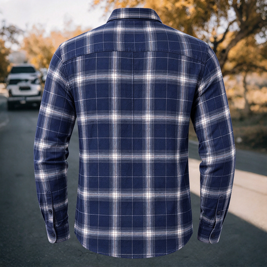 Men's Vintage Navy Blue & White Plaid Flannel Long Sleeve Shirt