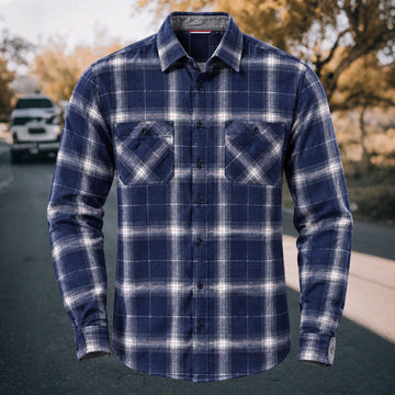 Men's Vintage Navy Blue & White Plaid Flannel Long Sleeve Shirt