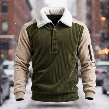 Corduroy Colorblock Fleece Collar Sweatshirt