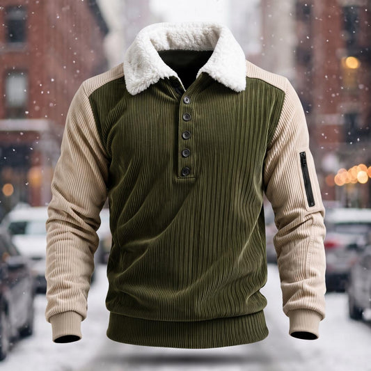 Corduroy Colorblock Fleece Collar Sweatshirt