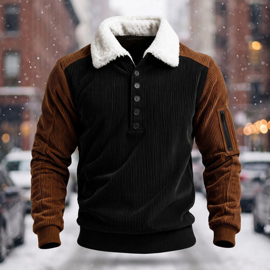 Corduroy Colorblock Fleece Collar Sweatshirt