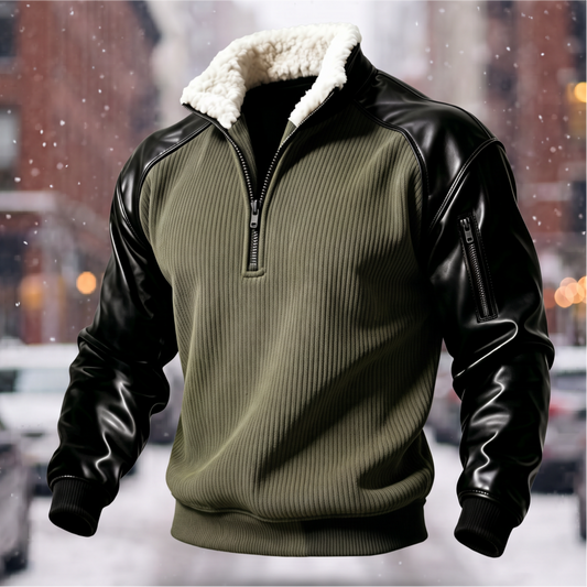 PU Splice Fleece Collar Zip Sweatshirt