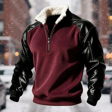 PU Splice Fleece Collar Zip Sweatshirt