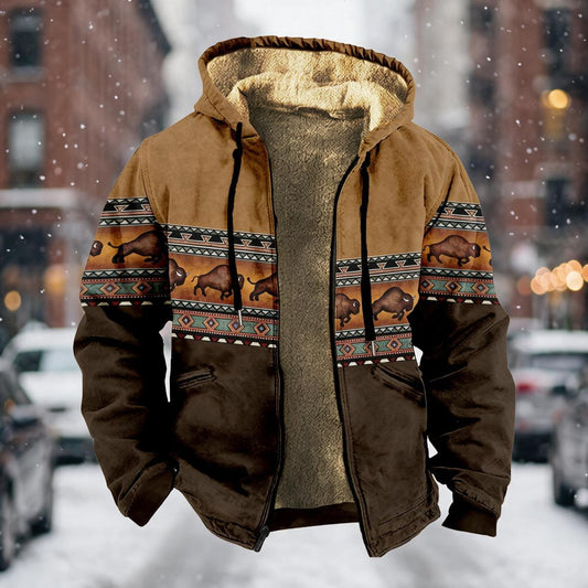 Polyester Bison Print Fleece Hooded Jacket