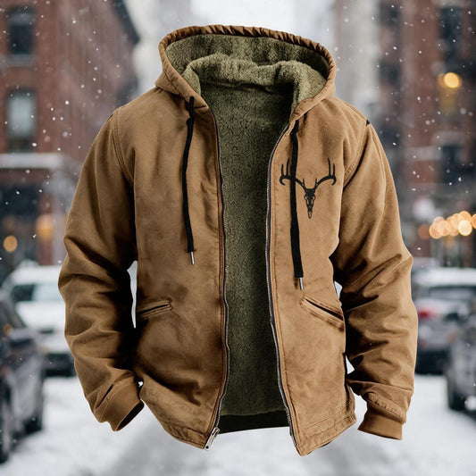 Polyester Deer‑Skull Fleece Hooded Jacket