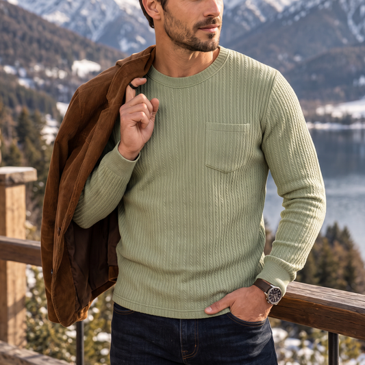 Solid Cable Knit Pocket Crew Neck Sweater
