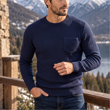 Solid Cable Knit Pocket Crew Neck Sweater