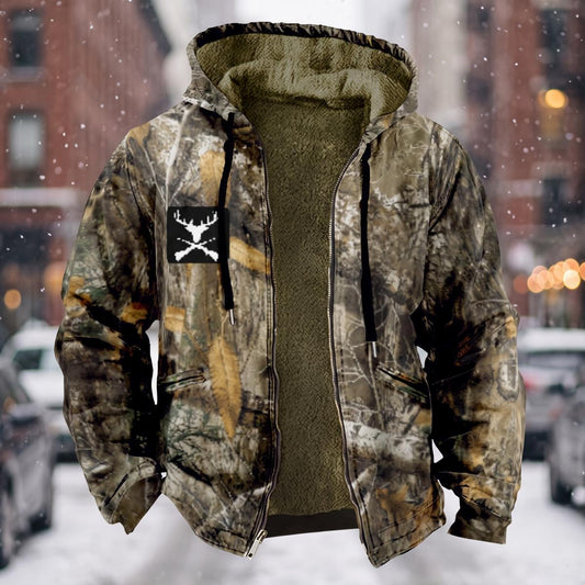 Polyester Camo Fleece‑Lined Hooded Jacket