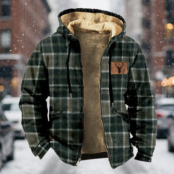 Polyester Plaid Deer‑Patch Fleece Hooded Jacket